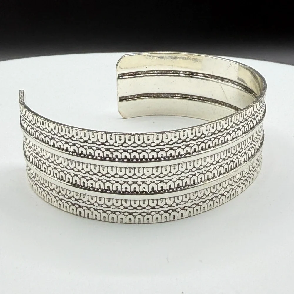 Silver Tone Wide Etched Cuff Bracelet Tribal Boho Textured Statement Jewelry